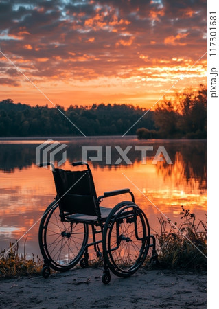 Serene Lake Sunset with Empty Wheelchair, Perfect for Accessibility and Inclusive Travel Concepts Generative AI 117301681