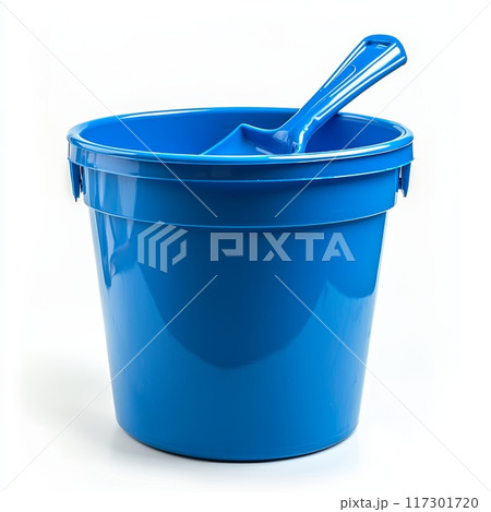 Blue Plastic Sand Bucket with Shovel on White Background - Summer Beach Toy Generative AI 117301720