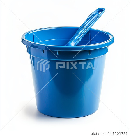 Blue Plastic Sand Bucket with Shovel on White Background - Summer Beach Toy Generative AI 117301721