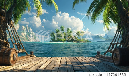 Pirate Ship's Deck View of a Tropical Island with Hidden Treasure Chest Generative AI 117301786