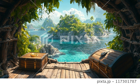 Pirate Ship's Deck View of a Tropical Island with Hidden Treasure Chest Generative AI 117301787