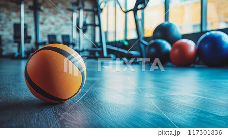 Fitness Equipment and Exercise Ball in Gym for Workout and Fitness Generative AI 117301836