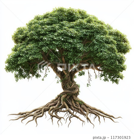 Detailed Jungle Tree with Extensive Roots and Vines Isolated on White Background, Perfect for Nature and Ecology Concepts Generative AI 117301923