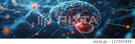 Brain Degeneration Concept, 3D Rendering of Brain with Synapse, Potential usecase for Medical and Scientific Illustrations Generative AI 117301948