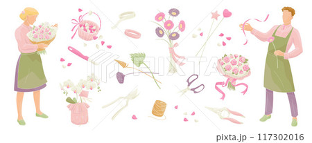 florist male and female characters and set element  florist tools and accessories flowers bouquets knife cutter scissor 117302016