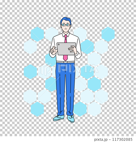 Illustration of a strict male administrator operating a tablet Illustration of a strict male administrator operating a tablet 117302085