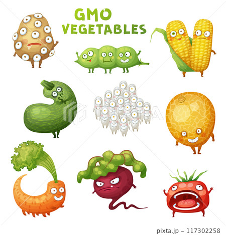 GMO Monster Vegetable Illustrations Set. Cartoon Vector Funny Character Icon Isolated on White Background GMO Monster Vegetable Illustrations Set. Cartoon Vector Funny Character Icon Isolated on White Background 117302258