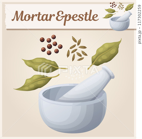 Mortar and pestle with spices and herbs illustration. Cartoon vector food icon Mortar and pestle with spices and herbs illustration. Cartoon vector food icon 117302259