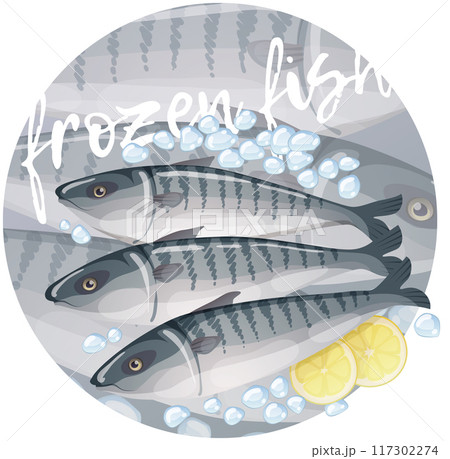 Frozen mackerel fish illustration. Cartoon vector fresh seafood icon on gray gradient background 117302274