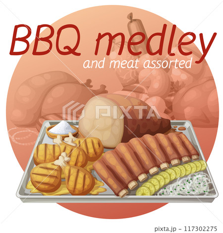 Texas BBQ medley illustration. Cartoon vector icon on gradient background with other meat products Texas BBQ medley illustration. Cartoon vector icon on gradient background with other meat products 117302275