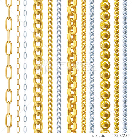 Golden and silver chains set isolated on white background for print design. Fashion jewelry ornament cartoon vector illustration 117302285