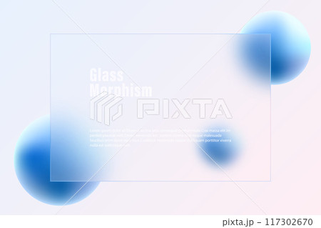 Website landing page template, glass morphism. Frosted glass partition with floating blue spheres. 117302670