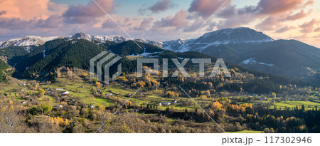 Autumn landscape in Artvin, Turkey, showcasing vibrant seasonal colors in the tranquil rural highlands of Eastern Anatolia and Black Sea region 117302946