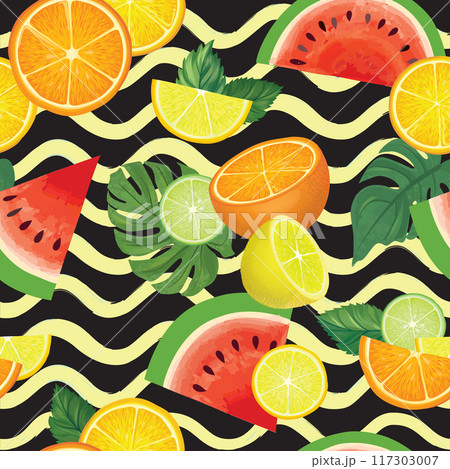 Fresh fruits summer seamles pattern. Fresh orange, lemon, citron, watermelon, lime sliced pieces ovwer water waves sea pattern. Vector colorful food drawing background with fruits. Fresh fruits summer seamles pattern. Fresh orange, lemon, citron, watermelon, lime sliced pieces ovwer water waves sea pattern. Vector colorful food drawing background with fruits. 117303007