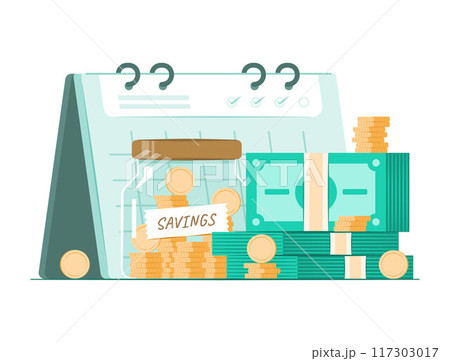 Stack of Cash Money, Savings Pot and Calendar for Savings and Financial Discipline Concept Illustration 117303017