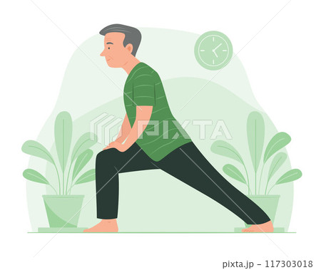 Senior Man Stretching Leg for Doing Yoga Exercise at Home for Healthcare Concept Illustration Senior Man Stretching Leg for Doing Yoga Exercise at Home for Healthcare Concept Illustration 117303018