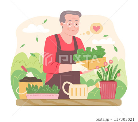 Elderly Man Planting Flower Plant into Flower Pot for Gardening Concept Illustration Elderly Man Planting Flower Plant into Flower Pot for Gardening Concept Illustration 117303021