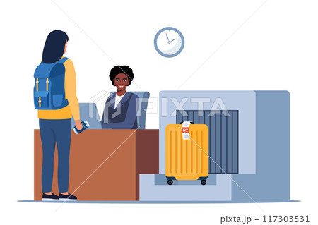 Passenger at international airport check in desk counter gate with weighting luggage belt, security check point, metal detector, x-ray scanner. Passenger and baggage check-in. Vector illustration. Passenger at international airport check in desk counter gate with weighting luggage belt, security check point, metal detector, x-ray scanner. Passenger and baggage check-in. Vector illustration. 117303531