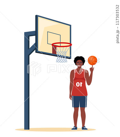 Happy black woman basketball player in uniform with ball on the basketball court. Vector illustration. Happy black woman basketball player in uniform with ball on the basketball court. Vector illustration. 117303532