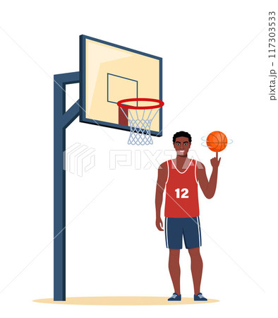 Happy black man basketball player in uniform with ball on the basketball court. Vector illustration. 117303533