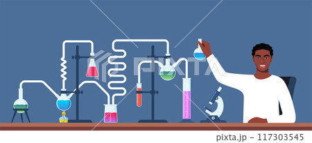 Scientist in chemistry laboratory working on research and exploration. Flasks, vials, test tubes with substance. Lab research, testing, studies in chemistry. Vector illustration. Scientist in chemistry laboratory working on research and exploration. Flasks, vials, test tubes with substance. Lab research, testing, studies in chemistry. Vector illustration. 117303545
