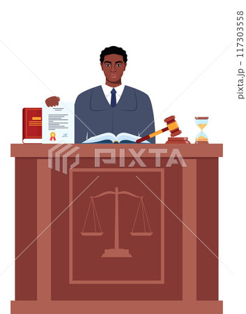 Judge with hammer. African American Man in black robe with gavel. Jurisprudence, justice and law. Legal and sentencing. Judgement concept. Vector illustration. 117303558