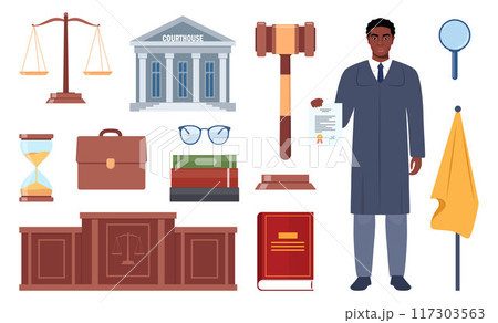 Symbols of justice. Judge in black robe, law book, judicial gavel, weights of justice, courthouse, briefcase. Vector illustration. 117303563