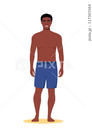 Black man dressed in swimsuit standing on the beach. Summer vacations. Beautiful man in shorts. Vector illustration. Black man dressed in swimsuit standing on the beach. Summer vacations. Beautiful man in shorts. Vector illustration. 117303564