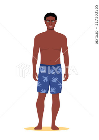 Black man dressed in swimsuit standing on the beach. Summer vacations. Beautiful man in shorts. Vector illustration. Black man dressed in swimsuit standing on the beach. Summer vacations. Beautiful man in shorts. Vector illustration. 117303565