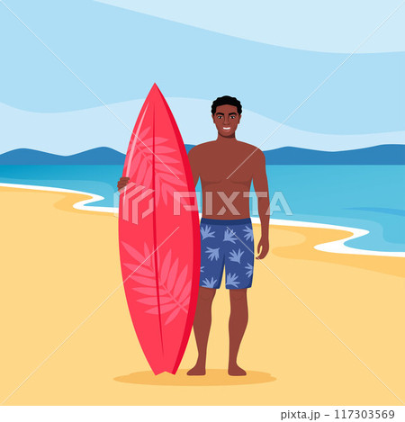 Young black man surfer with surfboard standing on the beach. Smiling surfer guy. Vector illustration. 117303569