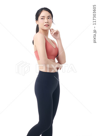 Beautiful young asian sport woman with sportswear ready for exercise on white background, Advertising sportswear and yoga wear, Healthy lifestyle, sport. 117303605