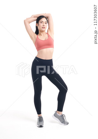 Beautiful young asian sport woman with sportswear ready for exercise on white background, Advertising sportswear and yoga wear, Healthy lifestyle, sport. 117303607