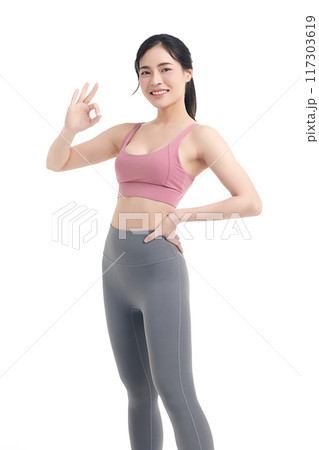 Beautiful young asian sport woman with sportswear ready for exercise on white background, Advertising sportswear and yoga wear, Healthy lifestyle, sport. 117303619