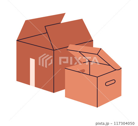 Cardboard boxes. Moving cargo boxes, carton delivery or moving containers flat vector illustration. Hand drawn open boxes on white Cardboard boxes. Moving cargo boxes, carton delivery or moving containers flat vector illustration. Hand drawn open boxes on white 117304050