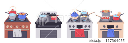 Cooking on stove burners. Food preparing, boiling pasta, hot soup and fried eggs on gas and electric cookers flat vector illustration set. Home food cooking on stoves Cooking on stove burners. Food preparing, boiling pasta, hot soup and fried eggs on gas and electric cookers flat vector illustration set. Home food cooking on stoves 117304055