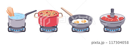 Food preparing. Cooking pans and pots on gas burners, boiling soup, fried eggs and meet on stove flat vector illustration set. Lunch or dinner on gas stove 117304058