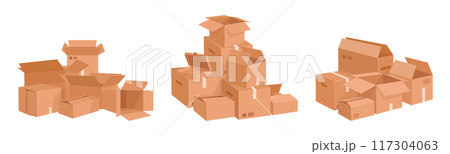 Hand drawn cardboard boxes. Stacked boxes piles, cargo warehouse box stack, delivery or moving containers flat vector illustration set. Cartoon boxes collection 117304063