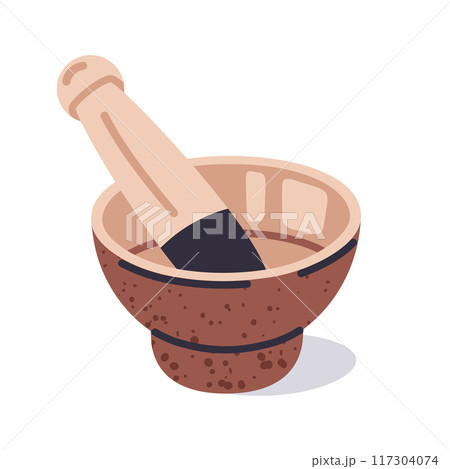 Wooden mortar. Household kitchen utensils, hand drawn mortar and pestle isolated flat vector illustration. Wood texture mortar on white 117304074