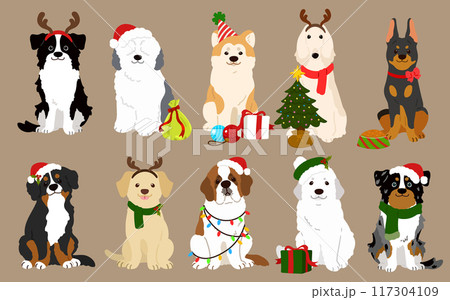 クリスマスのシンプルで可愛い大型犬のイラストセット 主線なし クリスマスのシンプルで可愛い大型犬のイラストセット 主線なし 117304109