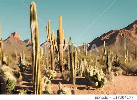 Various cactus species in desert.AI Generated 117304177
