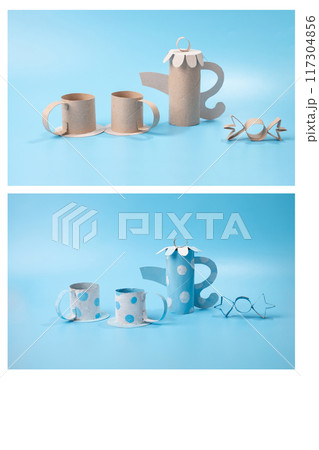 a couple of rolls of toilet paper craft sitting on top of a table, a still life, teapot, cut out of cardboard, 117304856