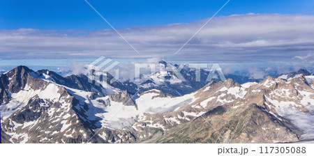 panoramic view of snowy high mountain peaks, Caucasus ridge. panoramic view of snowy high mountain peaks, Caucasus ridge. 117305088