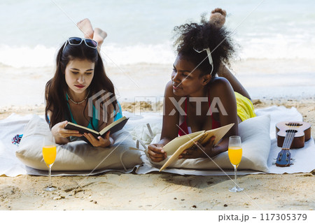 Woman on beach and sand during summer vacation. 117305379