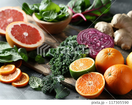 Healthy food fruits and vegetables for immunity boosting. Prevention and treatment of colds with vitamin C. Veggie or vegan food 117305590