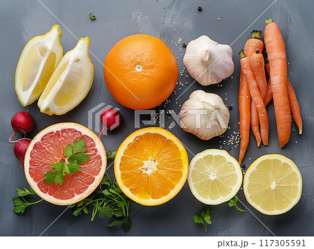 Healthy food fruits and vegetables for immunity boosting. Prevention and treatment of colds with vitamin C. Veggie or vegan food 117305591