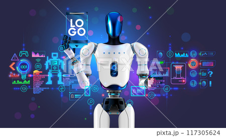 STEM education of kids in online internet school. Children study robotics, 3d printing, software development, technology. Template banner of IT school. Humanoid robot shows logo STEM online school. STEM education of kids in online internet school. Children study robotics, 3d printing, software development, technology. Template banner of IT school. Humanoid robot shows logo STEM online school. 117305624