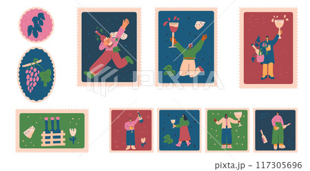 Set of stamps with wine lovers in a whimsical style. Young characters with bottles and wineglasses. Vector hand drawn flat collection 117305696