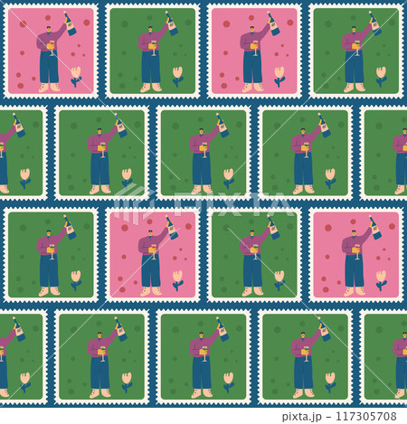 Toast quilted seamless pattern. Bento box man with glass of wine repeat background. Patchwork retro post stamps endless design. Vector hand drawn illustration. 117305708