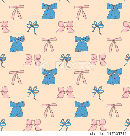Bows seamless pattern. Decorative band endless background. Coquet gift and present beauty accessories repeat cover. Bowknot continuous ornament. Vector hand drawn illustration. 117305711