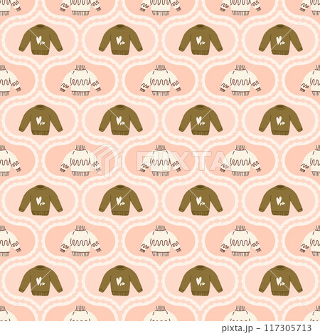 Sweater damask seamless pattern. Warm cozy clothes arch repeat background. Casual pullover retro endless design. Vector hand drawn flat illustration. 117305713